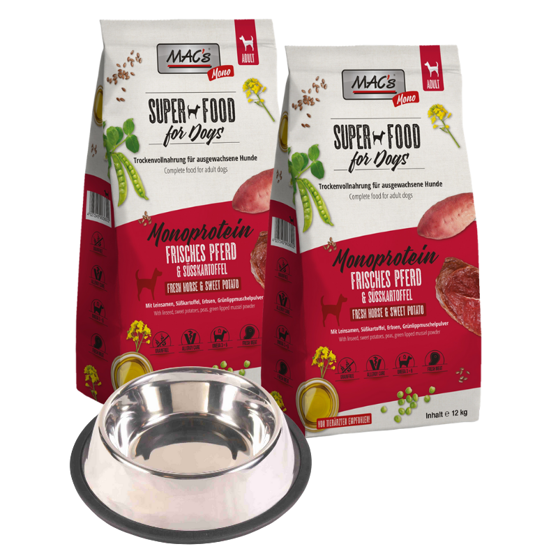 MAC's Dog Monoprotein frisches Pferd 2 x 12 kg + GRATIS TRIXIE Napf