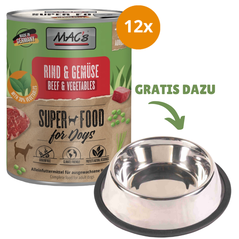 MAC's Dog Rind & Gemüse 12 x 800 g + GRATIS TRIXIE Napf