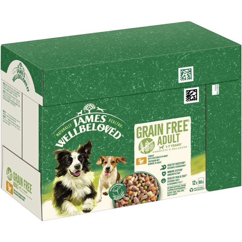 James Wellbeloved Dog PB Getreidefrei Truthahn mit Gemüse in Sauce 12x90g