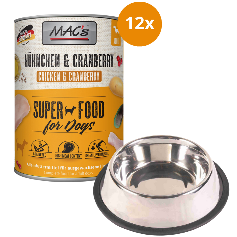 MAC's Dog Hühnchen & Cranberry 12 x 800 g + GRATIS TRIXIE Napf