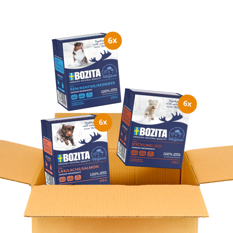 Bozita Happen 18 x 370 g – Probiermix in Gelee: Lachs, Rentier & Hühnchen