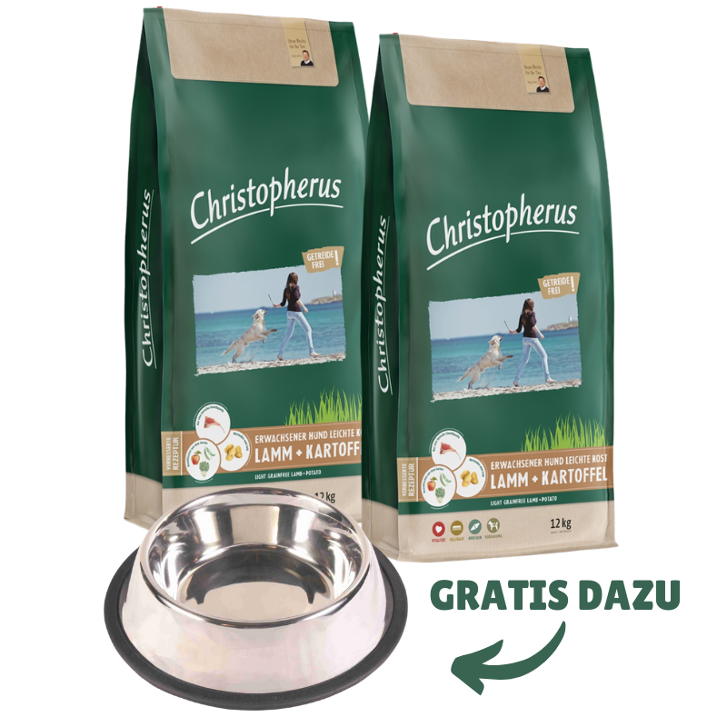 Christopherus Getreidefrei leichte Kost Lamm & Kartoffel 2 x 12 kg + GRATIS TRIXIE Napf