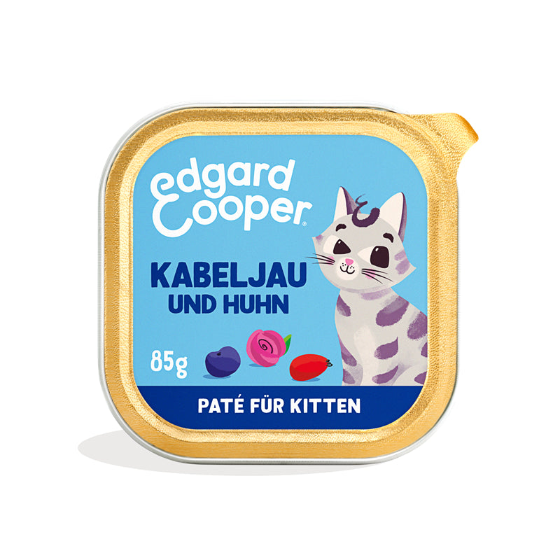 Edgard & Cooper Paté Kitten MSC-Kabeljau und Freilaufhuhn mit Blaubeeren, Rosenblüten und Hagebutten